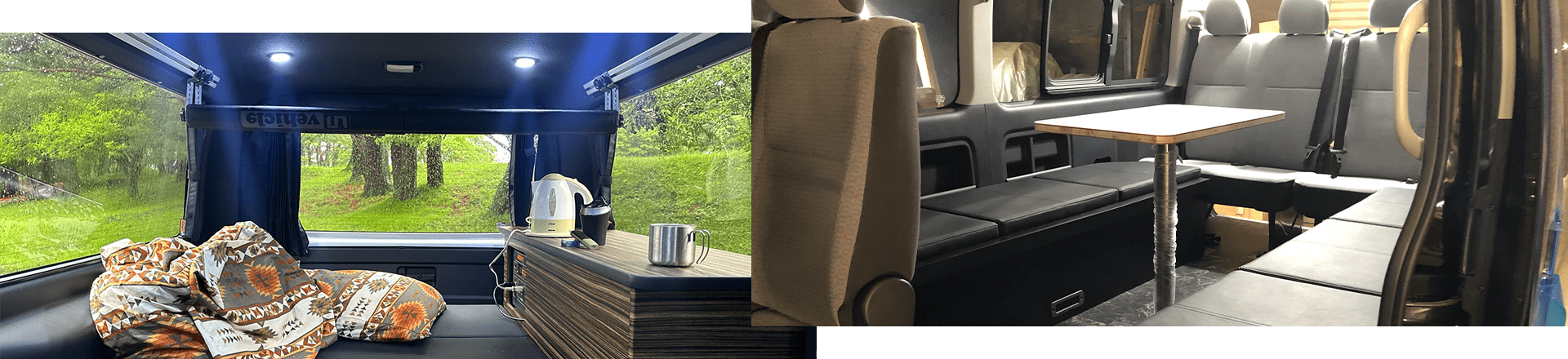 自然の中でくつろげるキャンピングカーの快適な室内。リビング、キッチン、ダイニングが一体となった機能的な空間